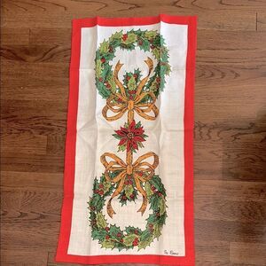 Vintage Christmas Falani & Cohn Linen Wreath & Poinsettia Linen Tea Towel